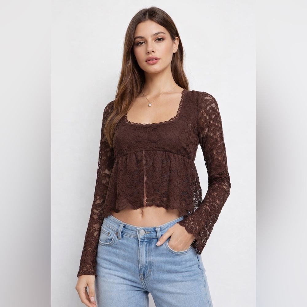 La Peche Y2K Chocolate Brown Lace Crop Top Long Sleeve